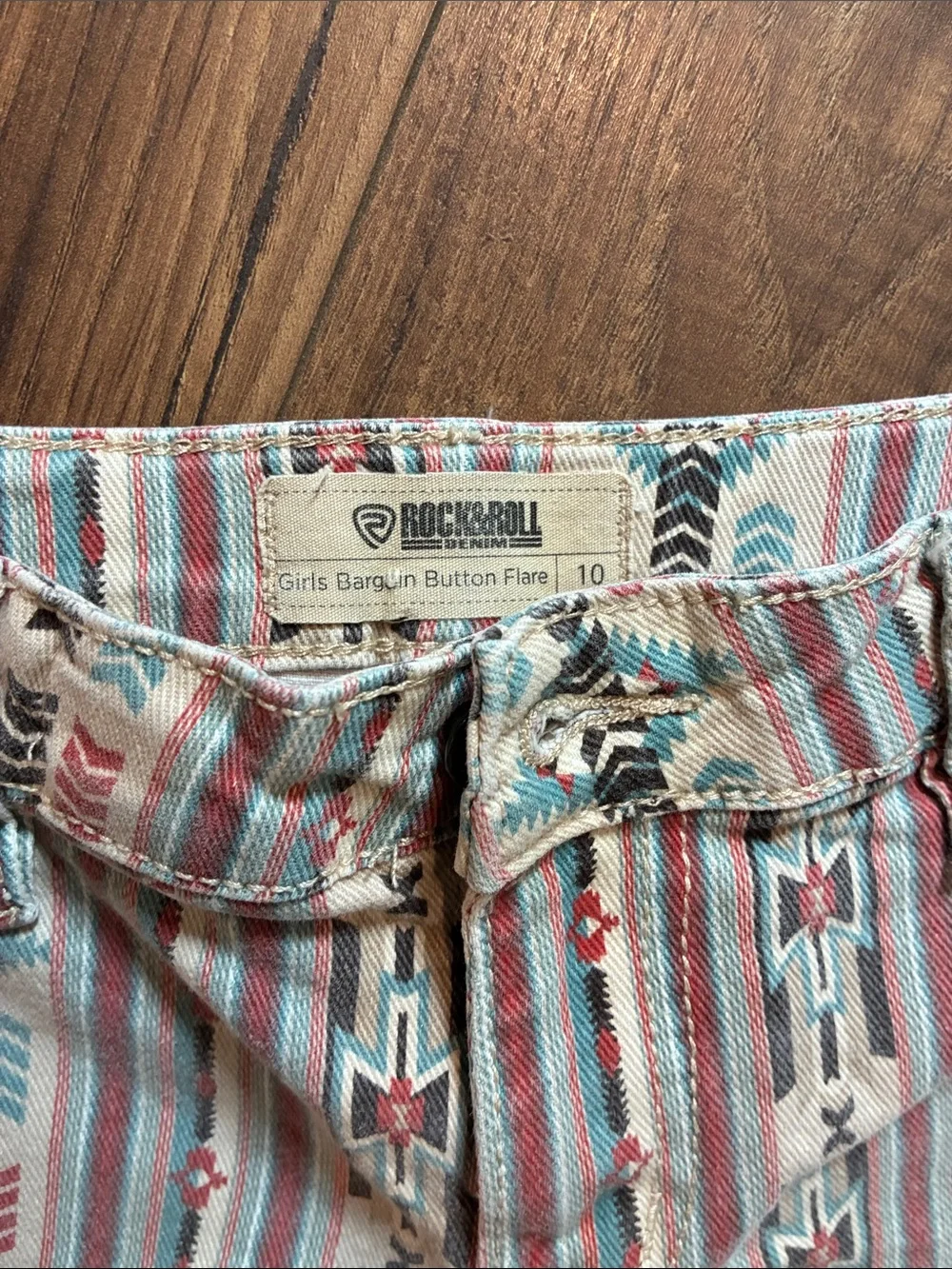 Girl’s Rock & Roll Denim Aztec Print Flared Pants in Cream, Coral & Teal